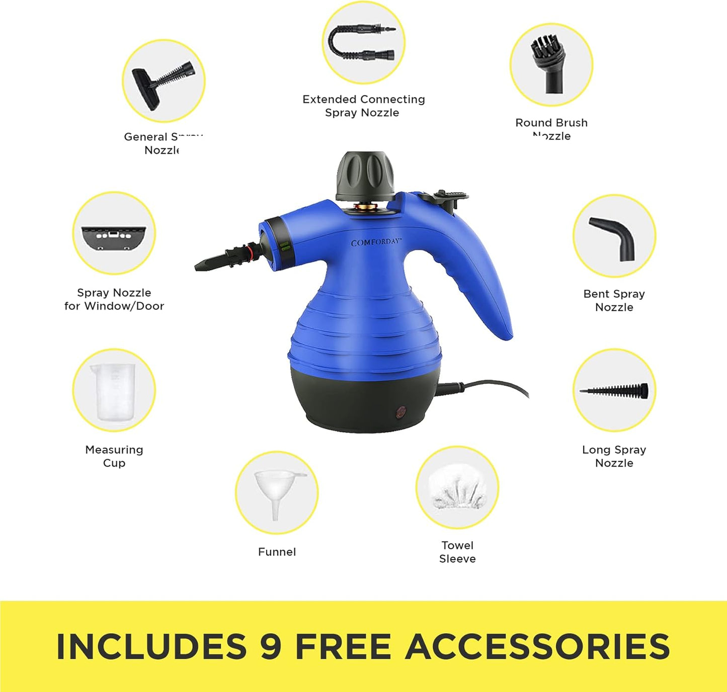 COMFORDAY Handheld Steam Cleaner, Multipurpose Portable Steam Cleaner with 9 Accessories for Removing Stains, Carpets, Curtains, Car Seats, Kitchen, Bed Bugs, Floor, Bathroom (EU)