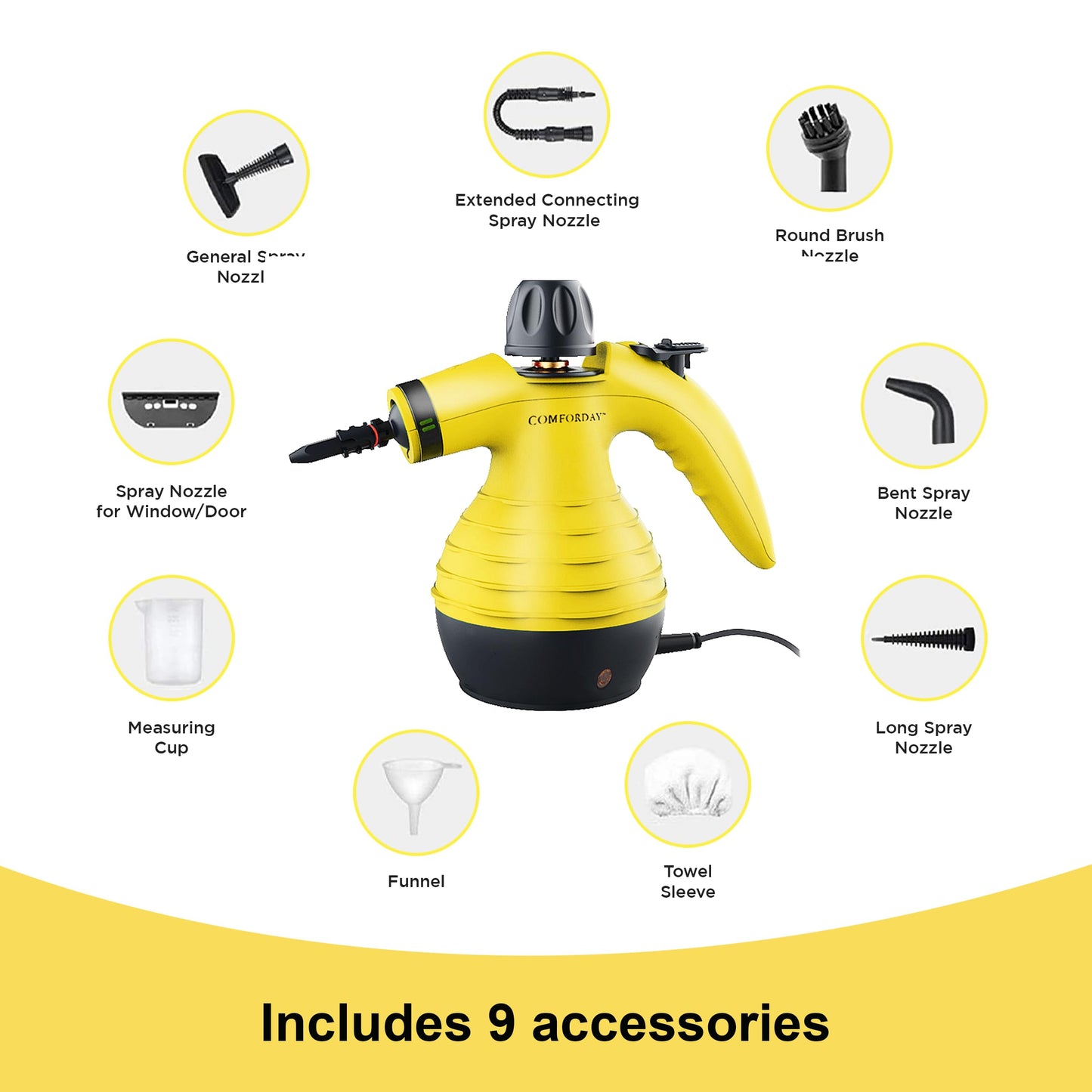Comforday Multi-Purpose steam cleaner handheld with 9-Piece Accessories, Perfect for Stain Removal, Curtains, Car Seats, Floor, Bathroom (UK)