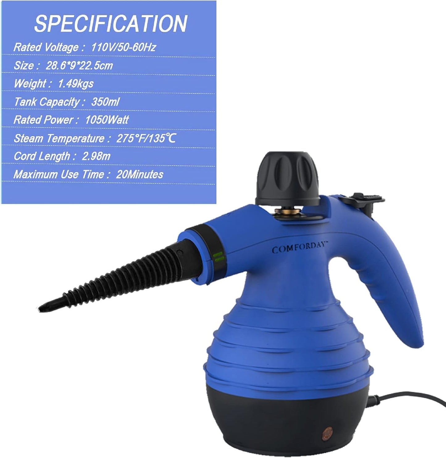 COMFORDAY Handheld Steam Cleaner, Multipurpose Portable Steam Cleaner with 9 Accessories for Removing Stains, Carpets, Curtains, Car Seats, Kitchen, Bed Bugs, Floor, Bathroom (EU)