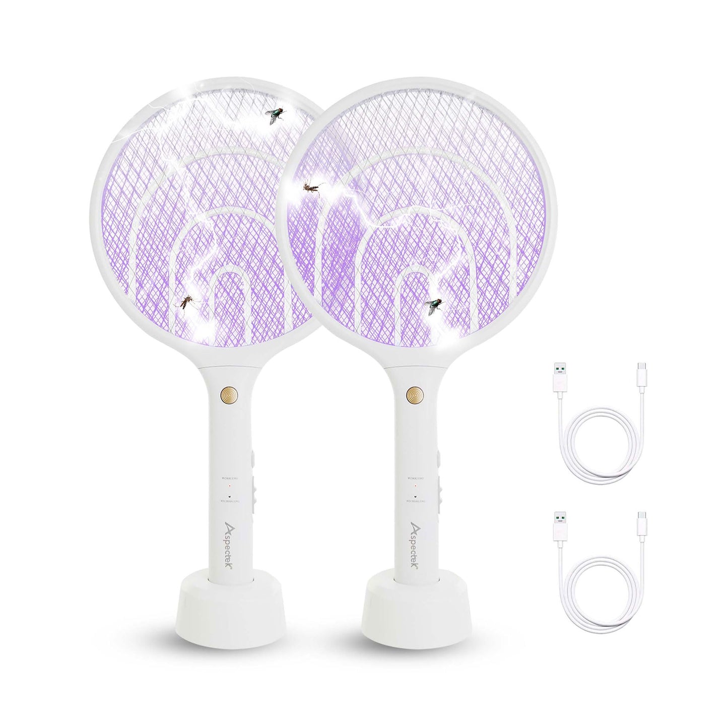 Aspectek 2 Packs Electric Mosquito Raquette 3000 V, Rechargeable Insect Tiller for Indoor and Outdoor Use, USB Charging Cable