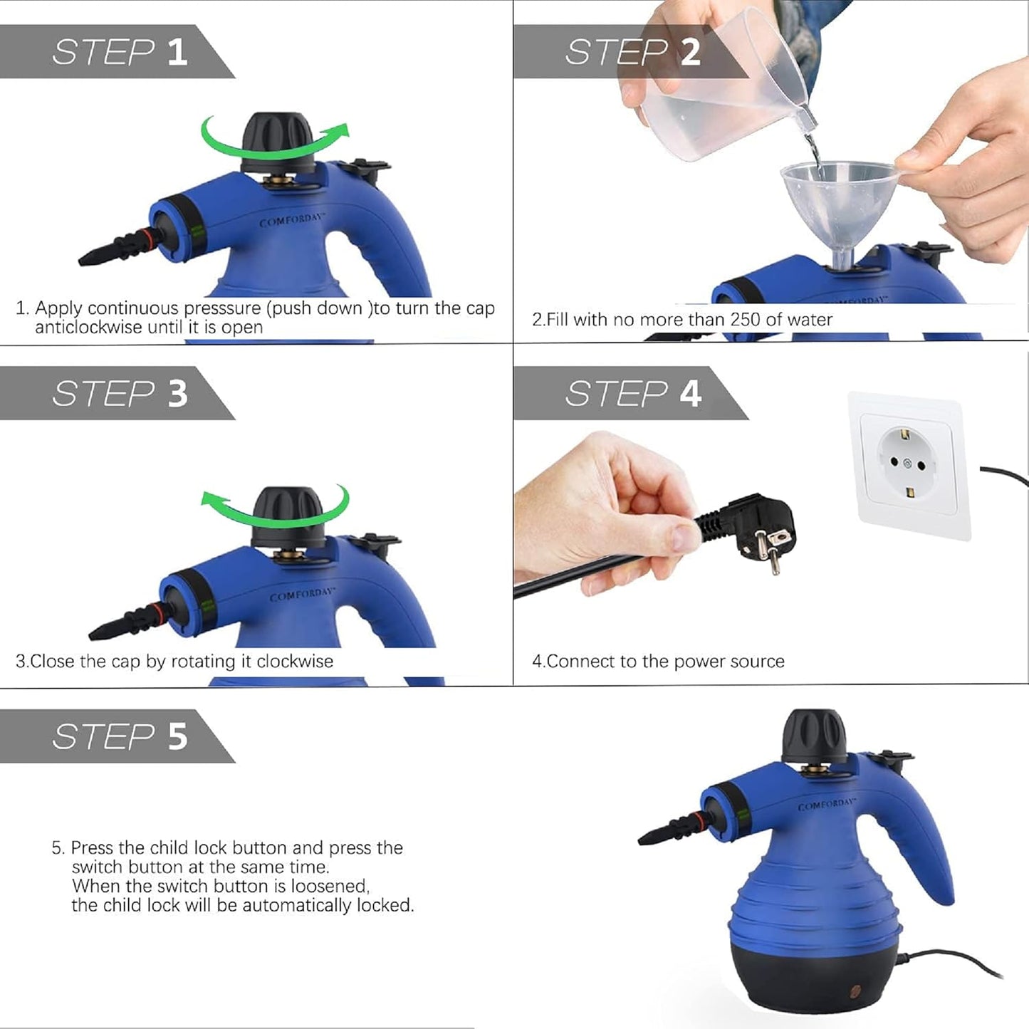 COMFORDAY Handheld Steam Cleaner, Multipurpose Portable Steam Cleaner with 9 Accessories for Removing Stains, Carpets, Curtains, Car Seats, Kitchen, Bed Bugs, Floor, Bathroom (EU)