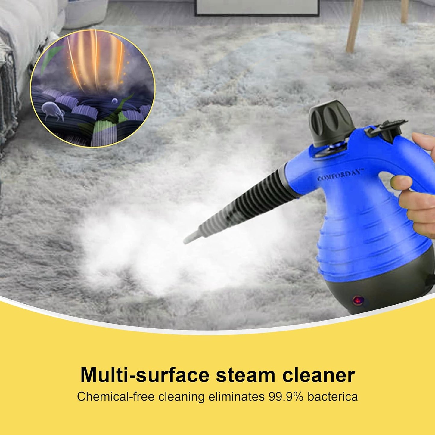 COMFORDAY Handheld Steam Cleaner, Multipurpose Portable Steam Cleaner with 9 Accessories for Removing Stains, Carpets, Curtains, Car Seats, Kitchen, Bed Bugs, Floor, Bathroom (EU)