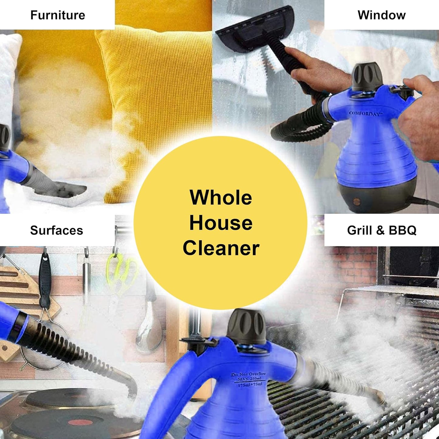 COMFORDAY Handheld Steam Cleaner, Multipurpose Portable Steam Cleaner with 9 Accessories for Removing Stains, Carpets, Curtains, Car Seats, Kitchen, Bed Bugs, Floor, Bathroom (EU)