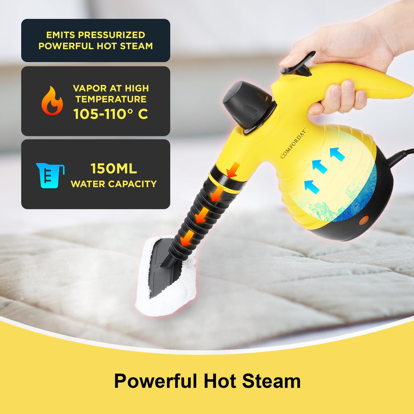 Comforday Multi-Purpose steam cleaner handheld with 9-Piece Accessories, Perfect for Stain Removal, Curtains, Car Seats, Floor, Bathroom (UK)