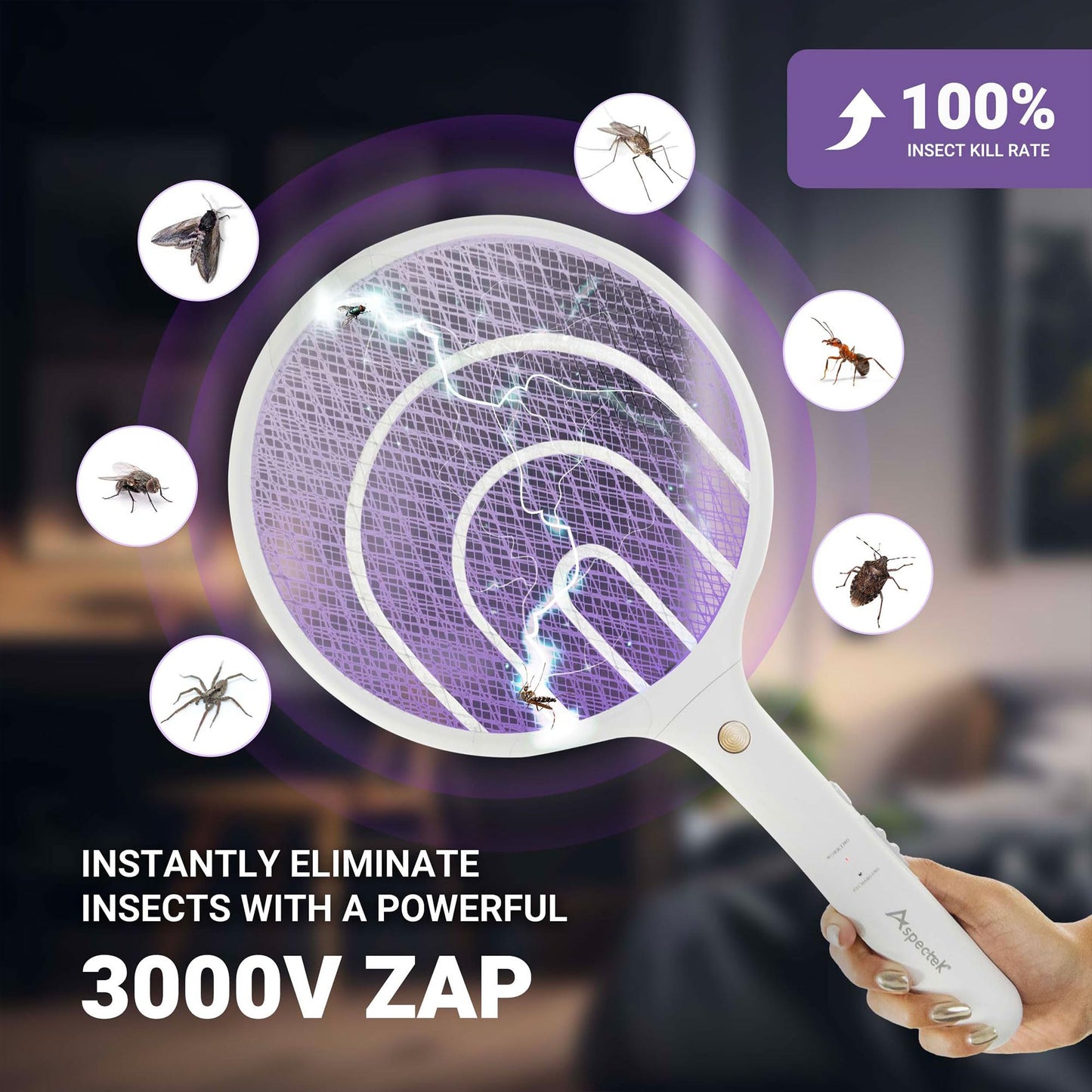 Aspectek 2 Packs Electric Mosquito Raquette 3000 V, Rechargeable Insect Tiller for Indoor and Outdoor Use, USB Charging Cable
