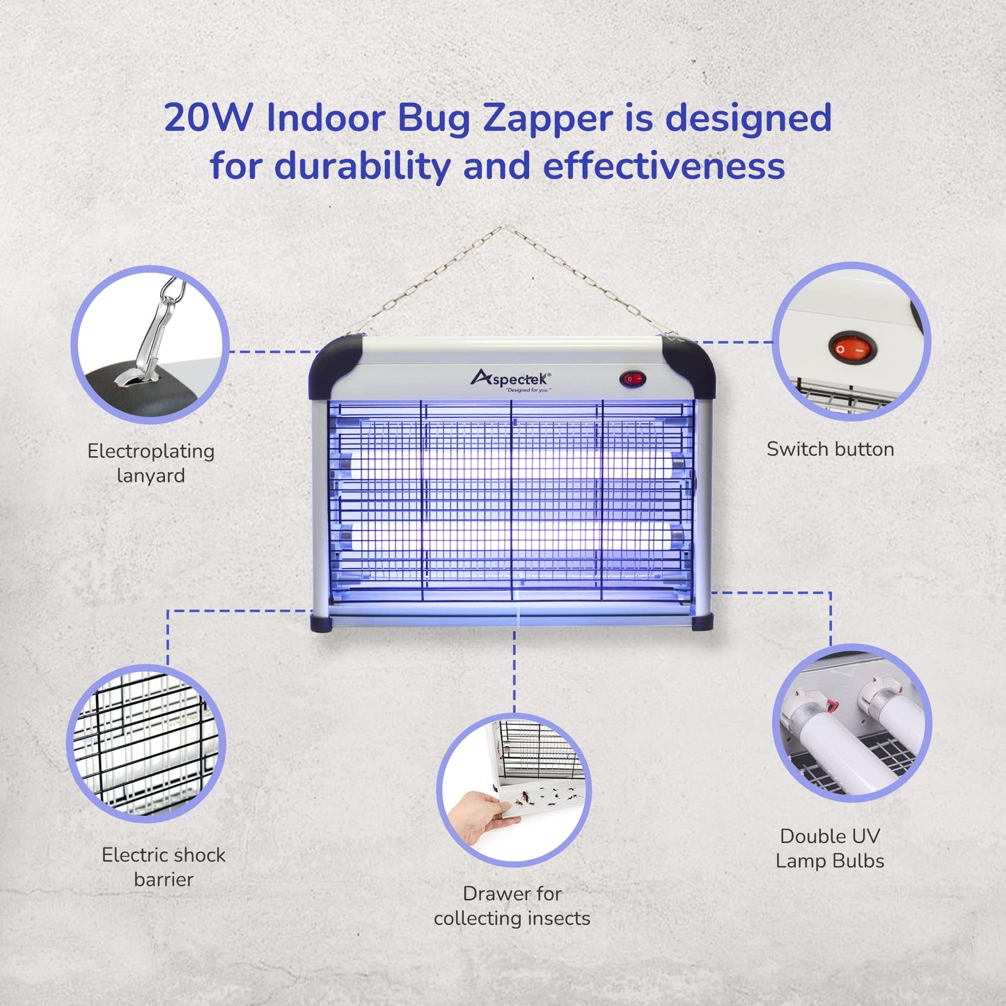 ASPECTEK 20W UV Electric Fly Killer Lamp - Indoor Electric Fly Insect Killer - Mosquito Repellent - Wasps, Gnats, Chemical-Free - 2 Replacement Bulbs (EU)