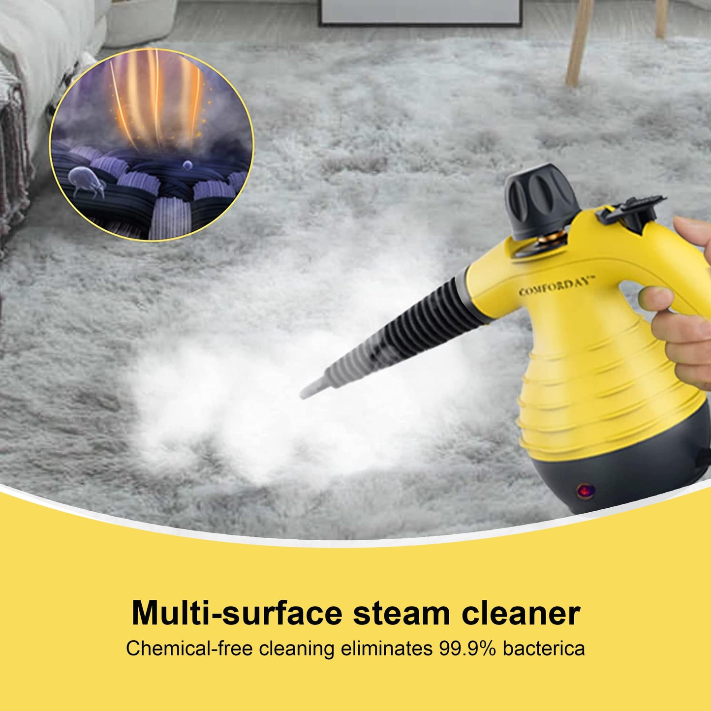 Comforday Multi-Purpose steam cleaner handheld with 9-Piece Accessories, Perfect for Stain Removal, Curtains, Car Seats, Floor, Bathroom (UK)
