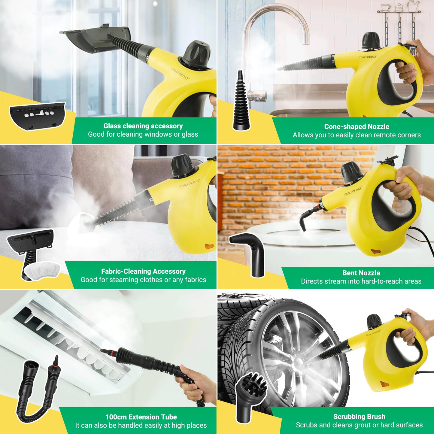 Comforday Portable Steam Cleaner, Multi-Purpose Steam Cleaner with 9 Accessories for Carpets, Curtains, Sofas, Kitchens, Bathrooms and More Steam Cleaner Portable Steam Cleaner (EU)