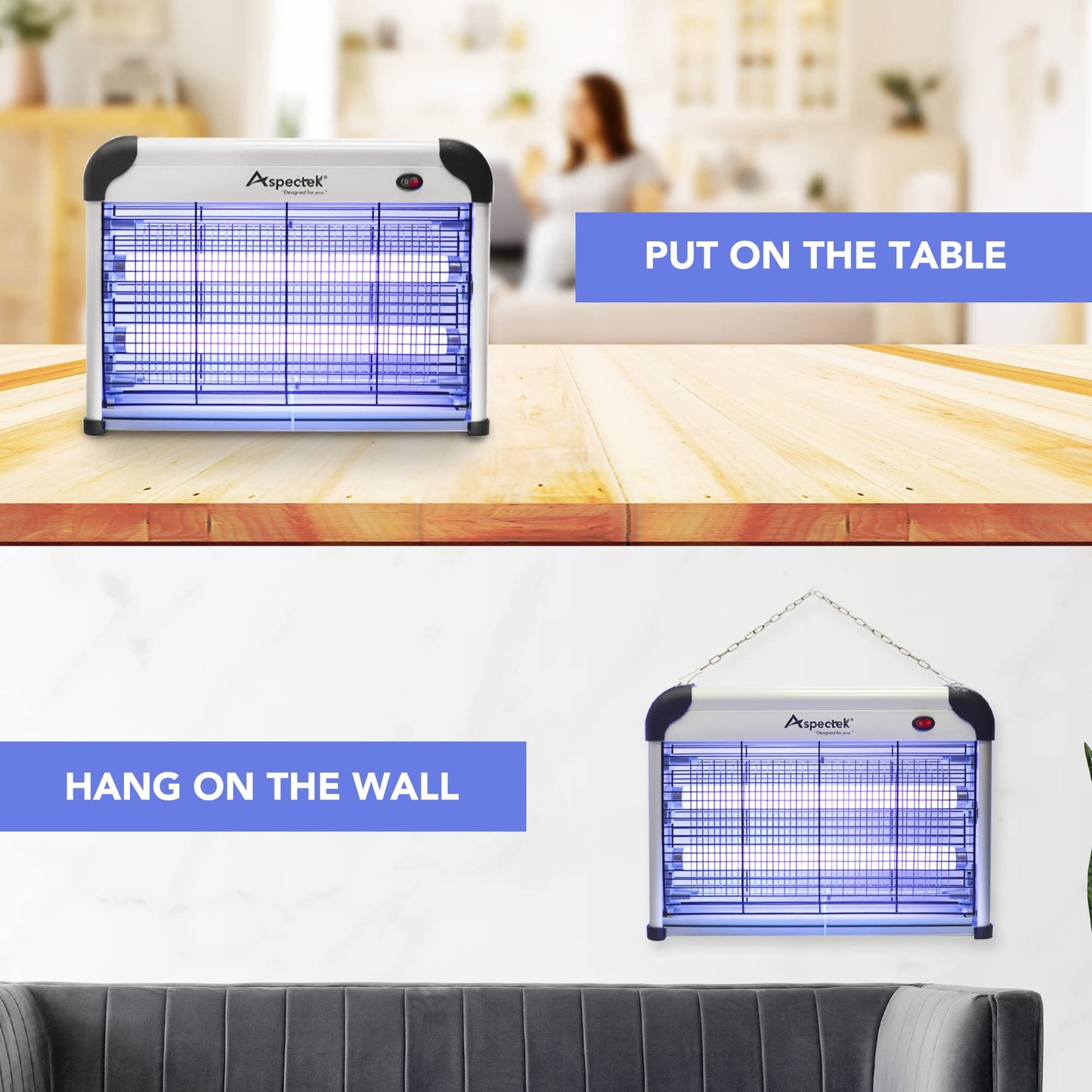 ASPECTEK 20W UV Electric Fly Killer Lamp - Indoor Electric Fly Insect Killer - Mosquito Repellent - Wasps, Gnats, Chemical-Free - 2 Replacement Bulbs (EU)