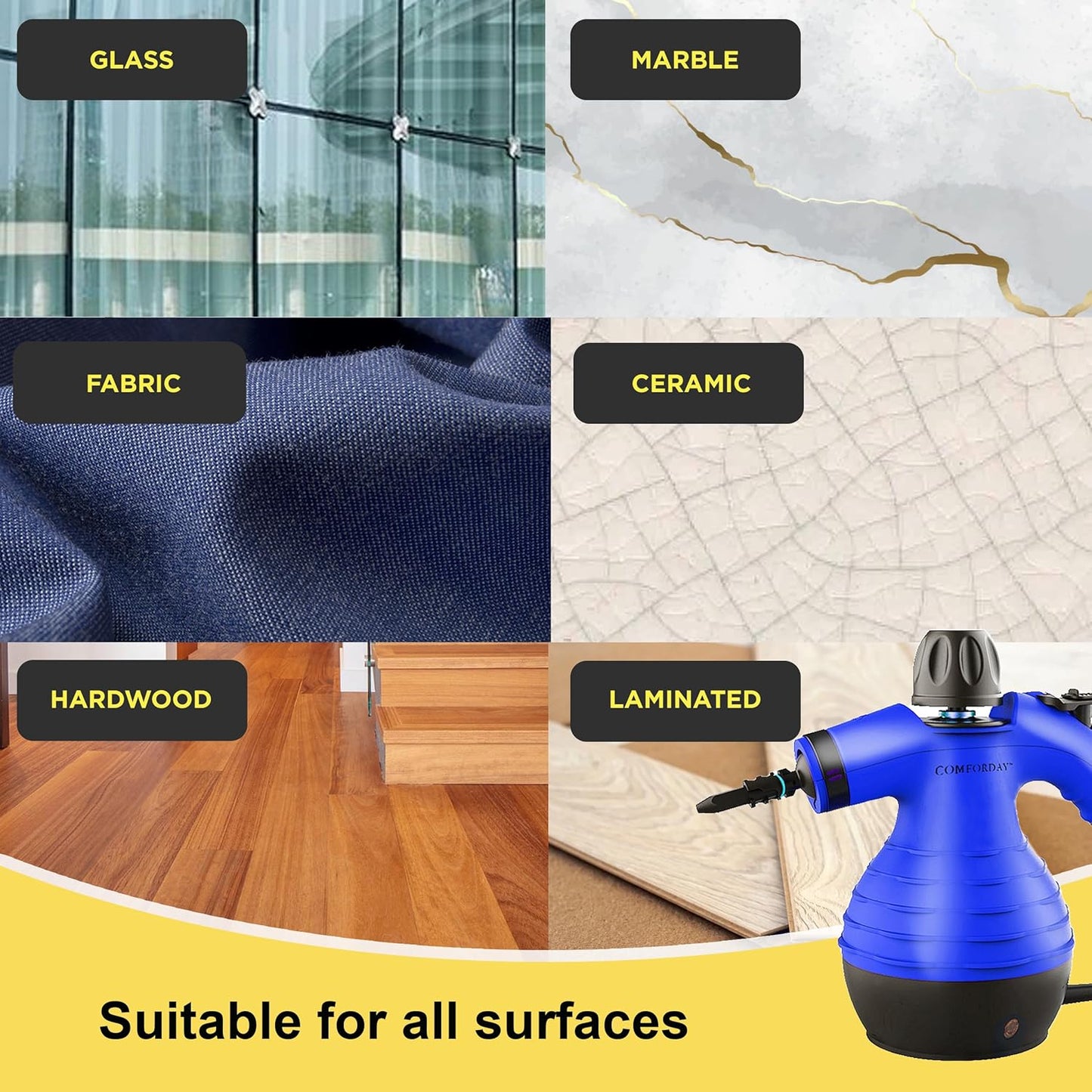 COMFORDAY Handheld Steam Cleaner, Multipurpose Portable Steam Cleaner with 9 Accessories for Removing Stains, Carpets, Curtains, Car Seats, Kitchen, Bed Bugs, Floor, Bathroom (EU)