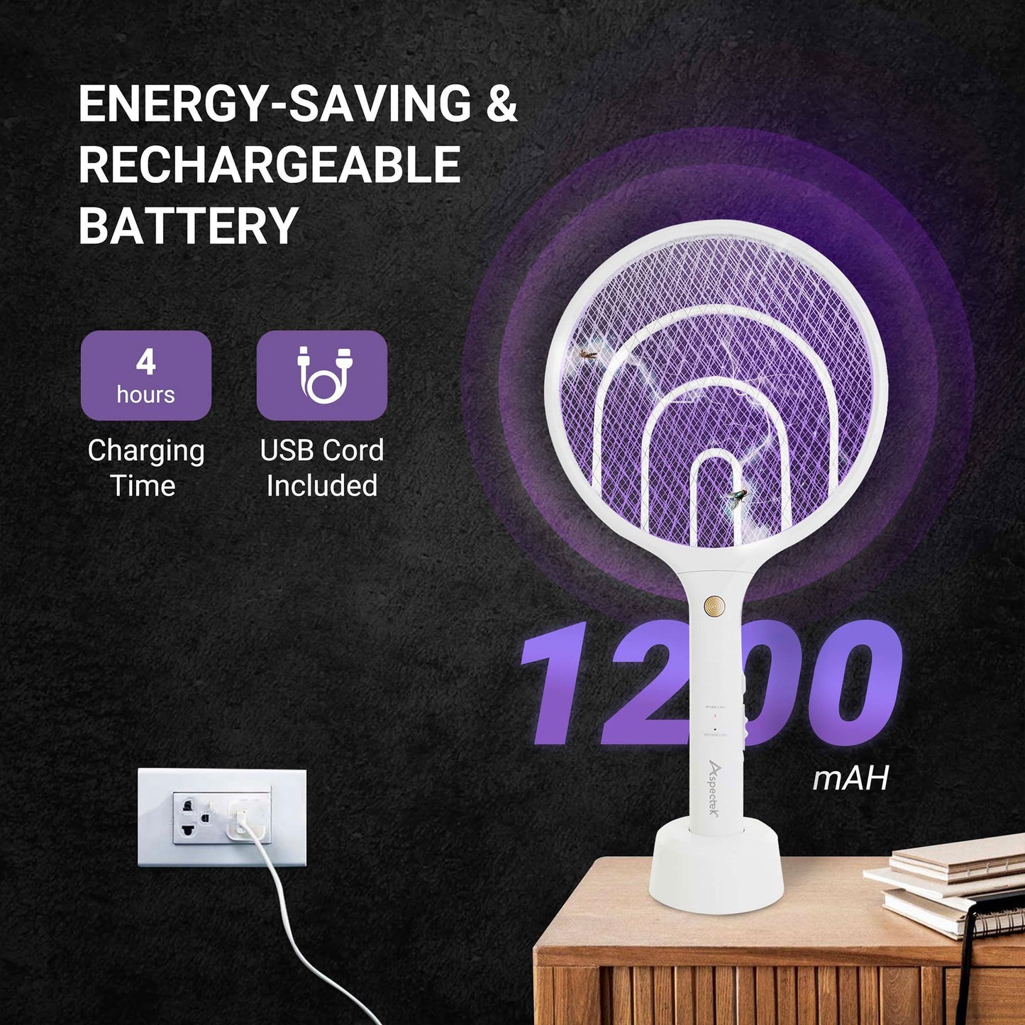 Aspectek 2 Packs Electric Mosquito Raquette 3000 V, Rechargeable Insect Tiller for Indoor and Outdoor Use, USB Charging Cable