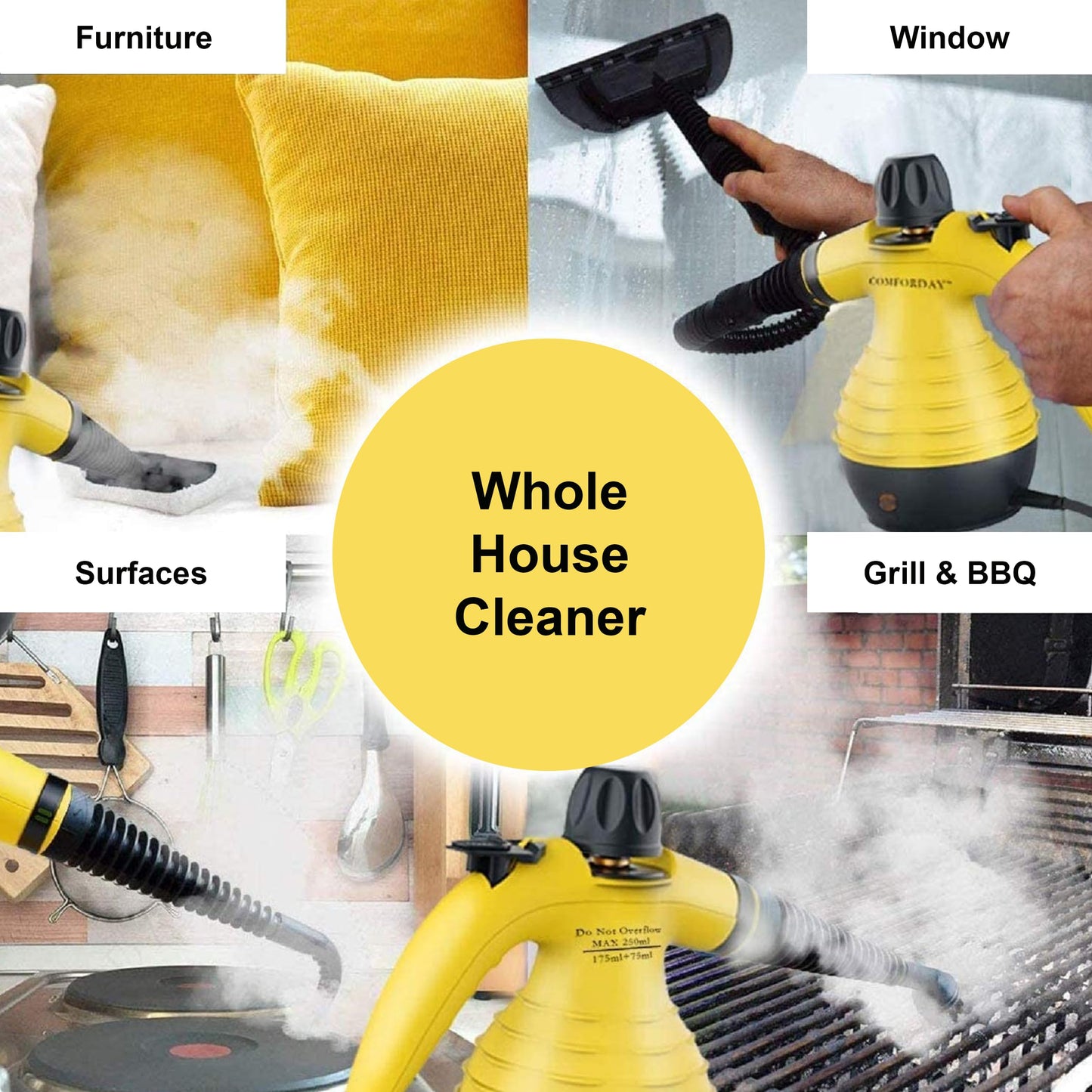 Comforday Multi-Purpose steam cleaner handheld with 9-Piece Accessories, Perfect for Stain Removal, Curtains, Car Seats, Floor, Bathroom (UK)