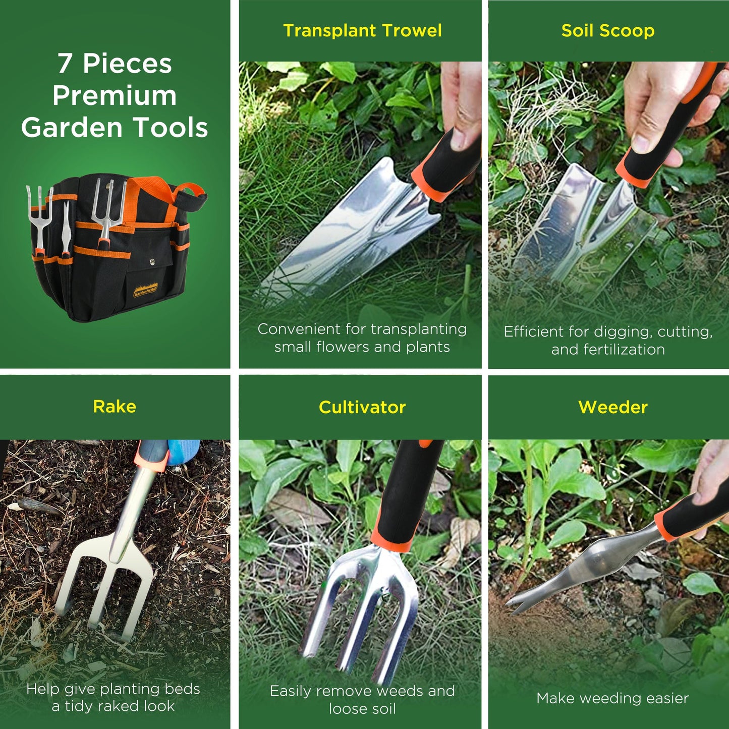 GardenHOME Garden Tool Set, 7 Piece Gardening Tool Set with Heavy Duty Folding Stool and Removable Garden Tool Bag (EU)