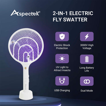 Aspectek 2 Packs Electric Mosquito Raquette 3000 V, Rechargeable Insect Tiller for Indoor and Outdoor Use, USB Charging Cable