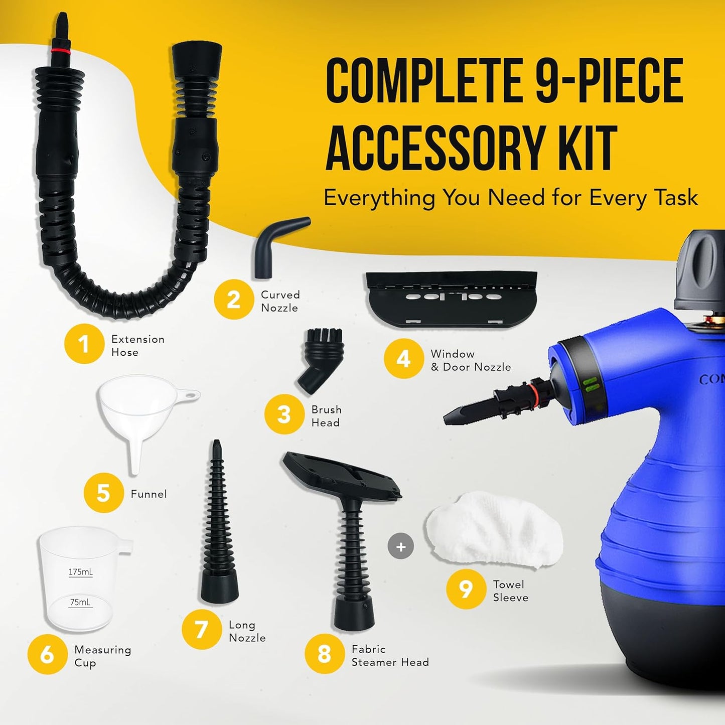 Comforday Multi-Purpose steam cleaner handheld with 9-Piece Accessories, Perfect for Stain Removal, Curtains, Car Seats, Floor, Bathroom  (UK)