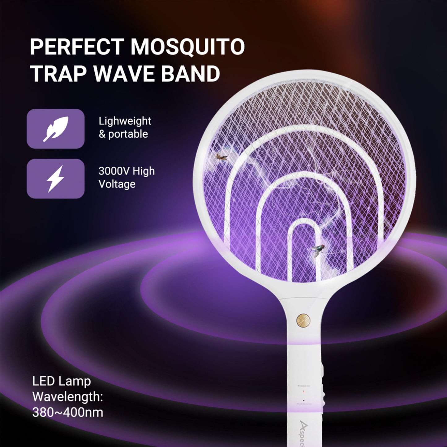 Aspectek 2 Packs Electric Mosquito Raquette 3000 V, Rechargeable Insect Tiller for Indoor and Outdoor Use, USB Charging Cable