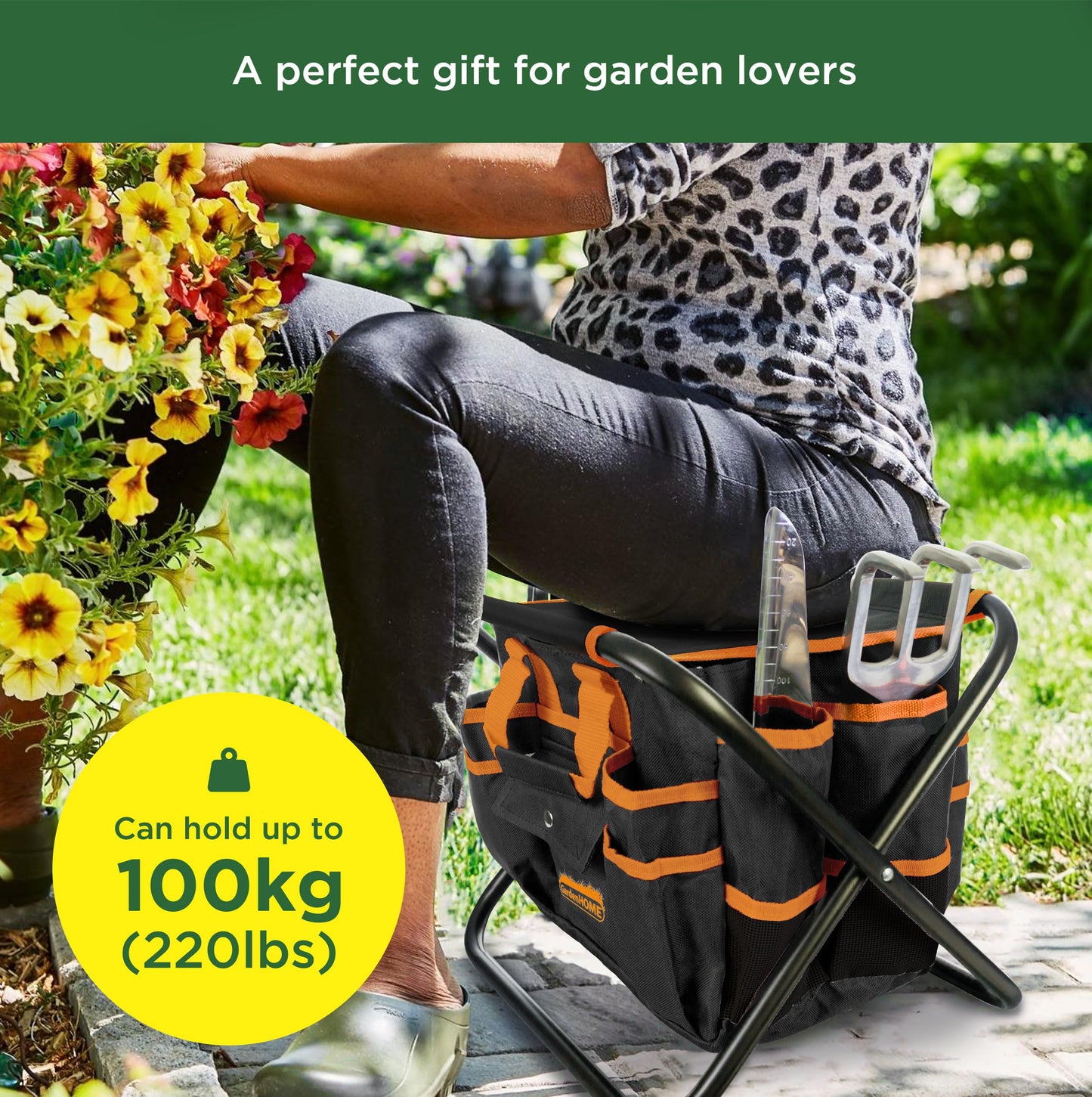 GardenHOME Garden Tool Set, 7 Piece Gardening Tool Set with Heavy Duty Folding Stool and Removable Garden Tool Bag (EU)